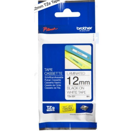 Fita BROTHER Laminada c/ texto Preto e fundo Branco 12mm x 8m