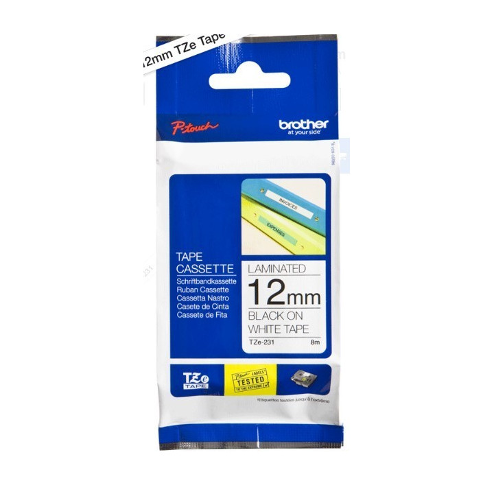 Fita BROTHER Laminada c/ texto Preto e fundo Branco 12mm x 8m