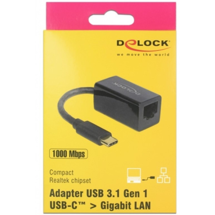 Placa de rede Delock Adapter SuperSpeed USB (USB 3.1 Gen 1) com USB Type-C™ mcho p/ Gigabit LAN Preto